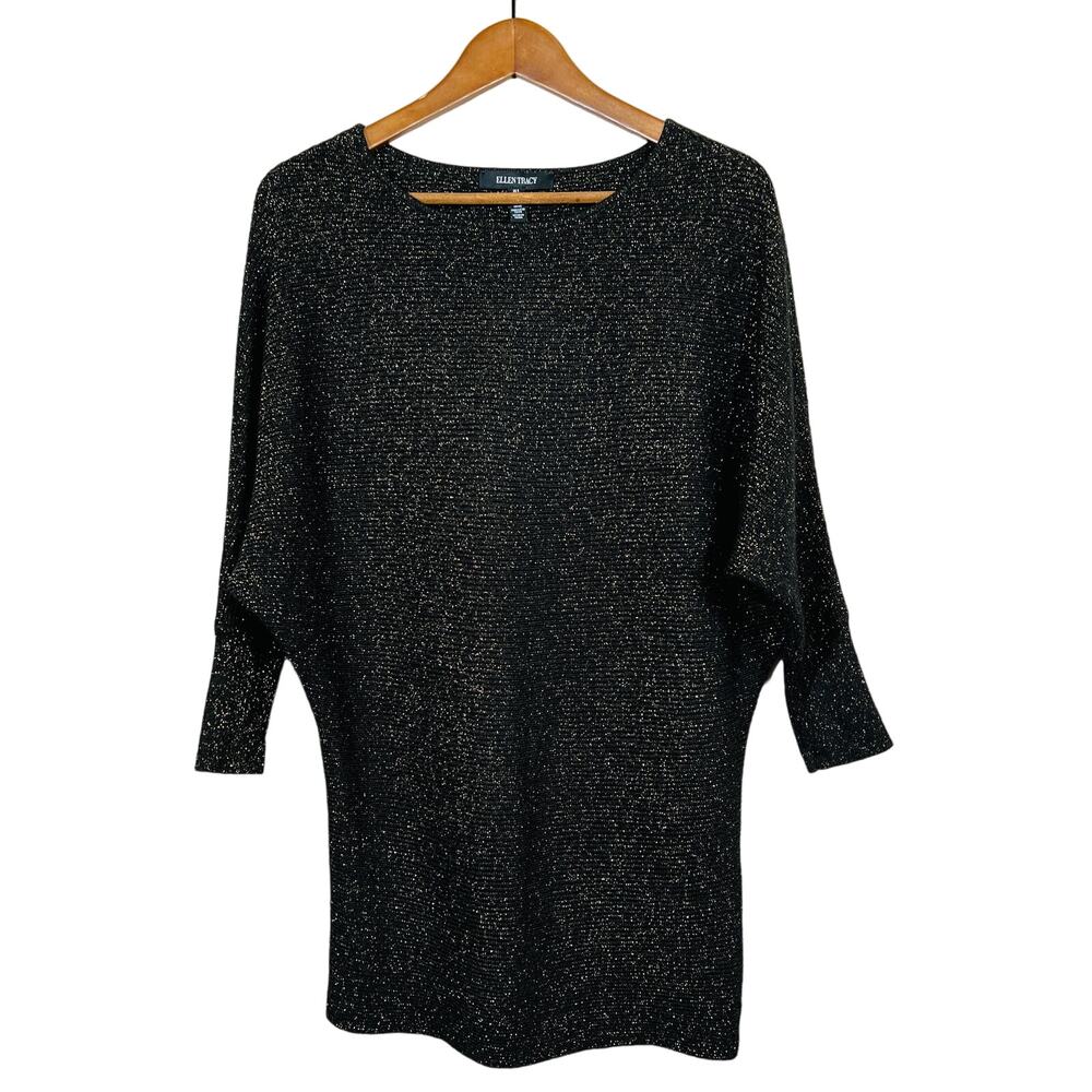 Ellen Tracy Metallic Thread Tunic Dress Legging Top Batwing Sleeve Black - S
